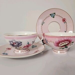 Grace Teaware Pink Floral Tea Cup Saucer Set 2 Cottagecore Gold Gilt Tea Party